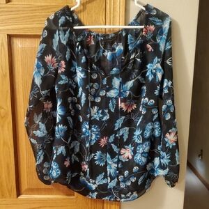 White House Black Market Women's Sheer Black & Blue Size 2 Floral Blouse